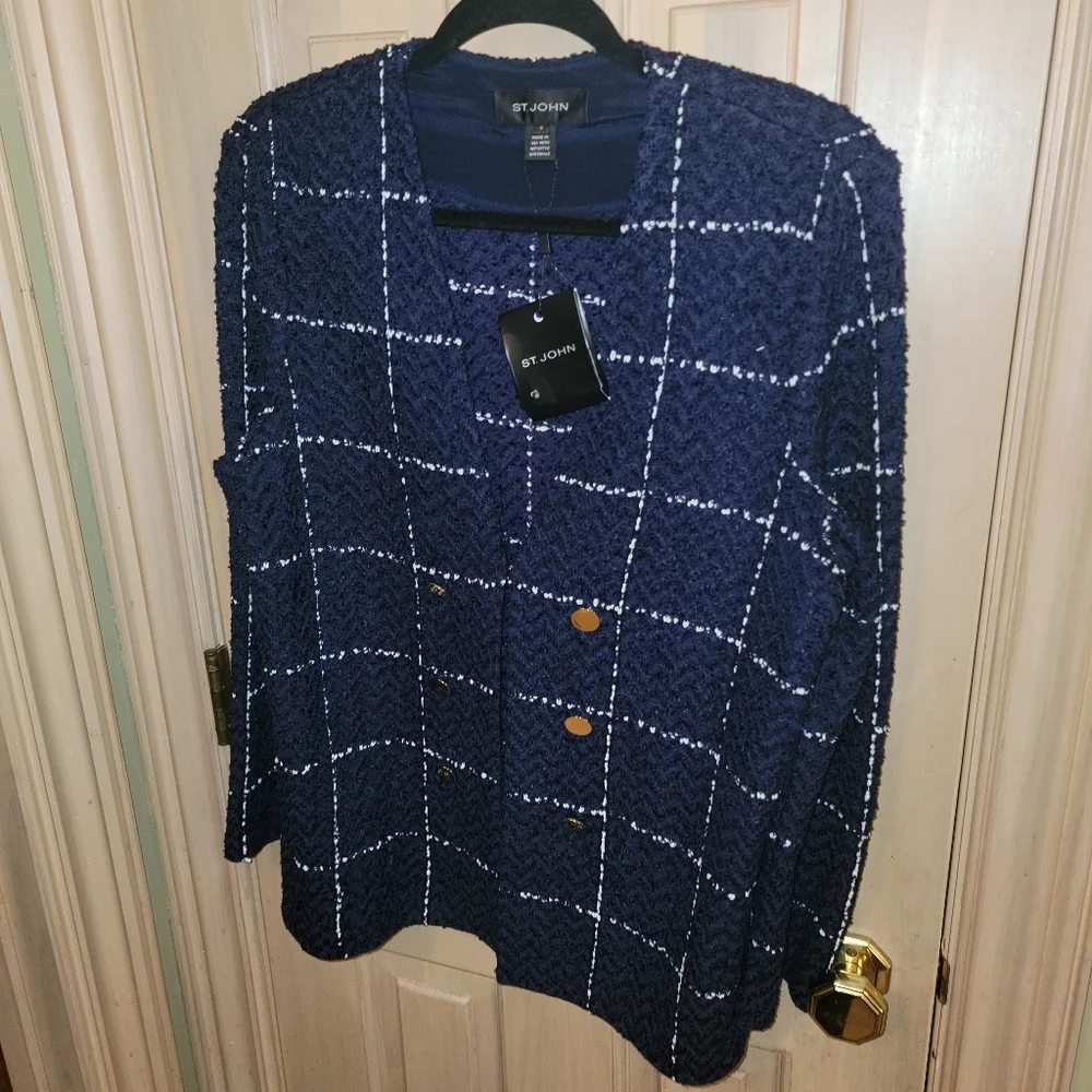 NWT St. John Sz 8 Herringbone Grid knit Double Breasted Jacket Navy/White Luxury - Picture 9 of 9